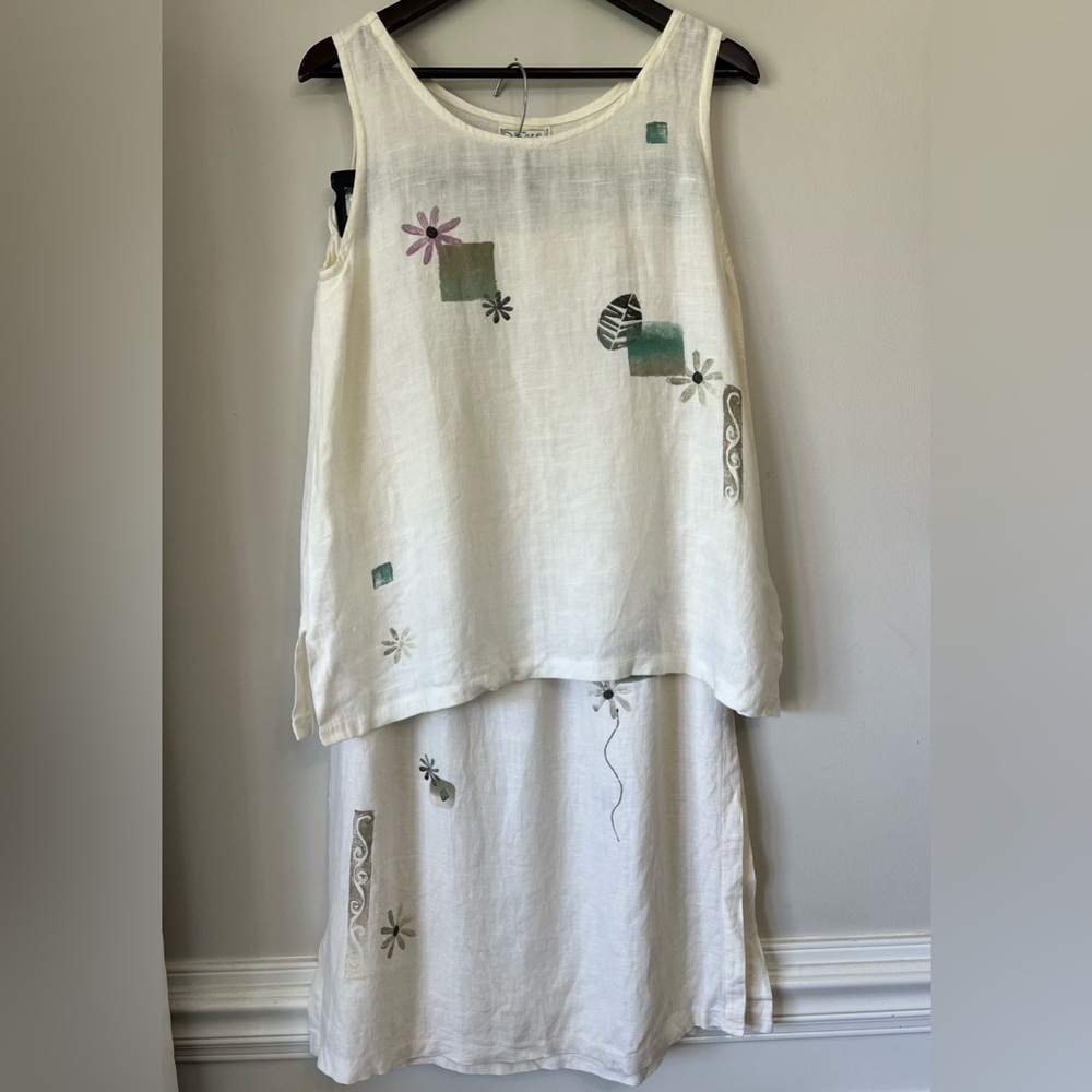 Vtg Play Alegre Handpainted Linen Skirt Set Top M/L Skirt S/M Art To Wear Boho
